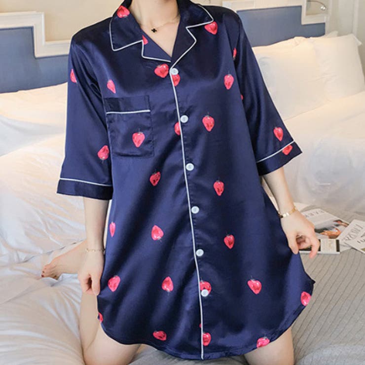 ネイビー×ストロベリー | パジャマ ワンピース 半袖 | teddyshop