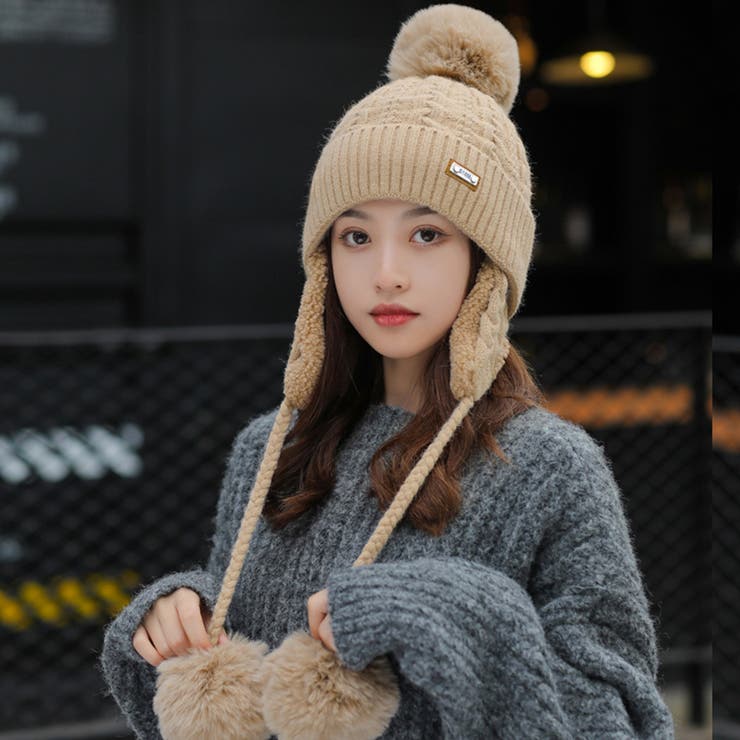 帽子　レディース　ニットキャップ帽　ベージュ　モコモコ　冬　韓国風