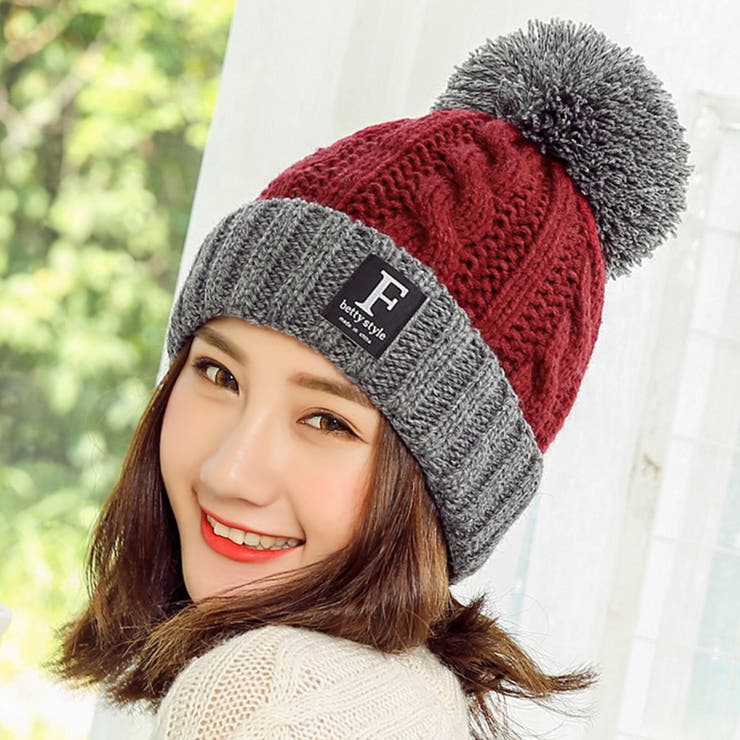 レッド×グレー | ニット帽 ポンポン 冬 | teddyshop
