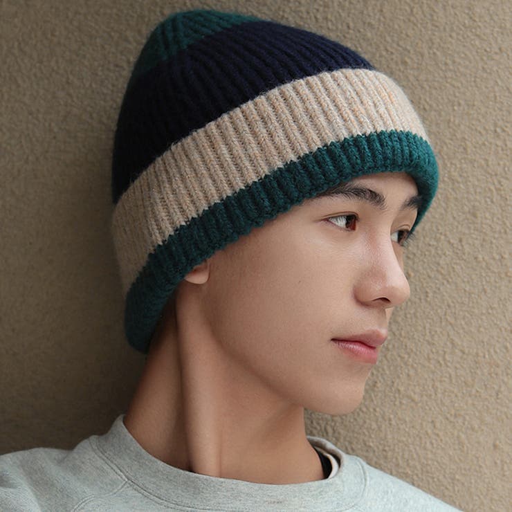 ダークグリーン×ネイビー | ニット帽 レディース 男女兼用 | teddyshop