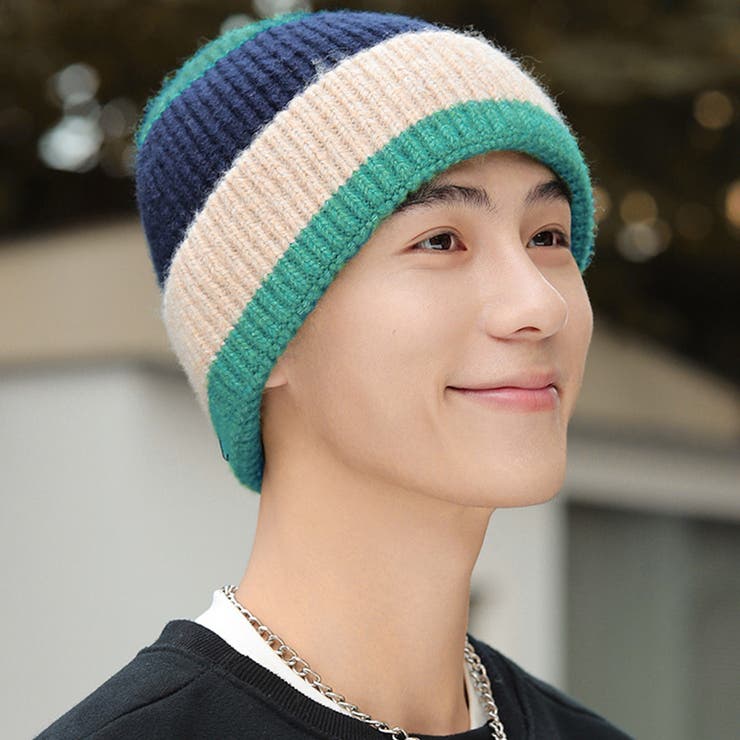 グリーン×ネイビー | ニット帽 レディース 男女兼用 | teddyshop