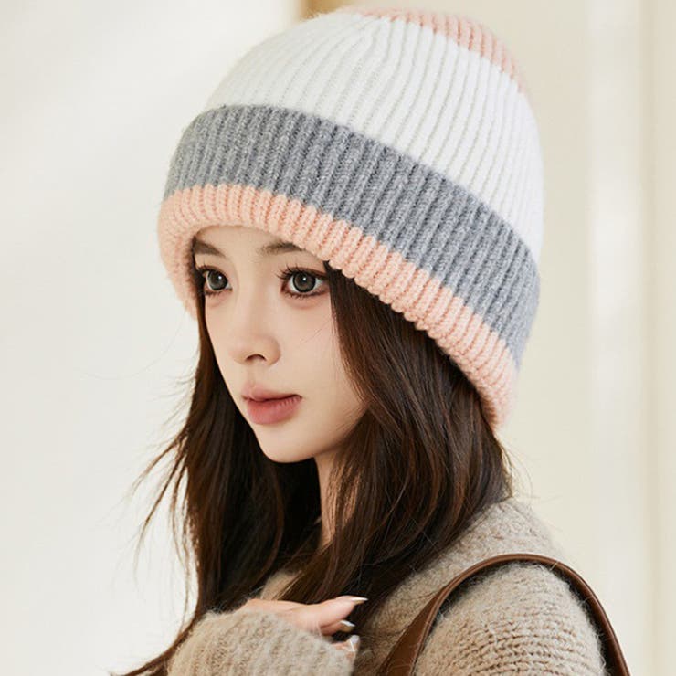 ピンク×グレー | ニット帽 レディース 男女兼用 | teddyshop