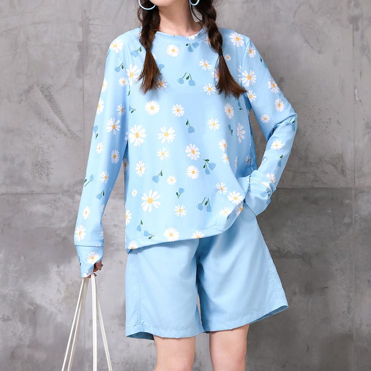 フラワー×ライトブルー | 水着体型カバー タンキニ ノンワイヤー | teddyshop