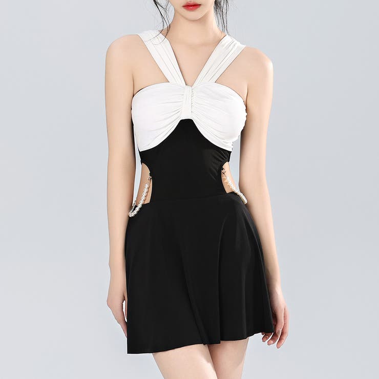 ホワイト×ブラック | 水着体型カバー 無地 ワンピース | teddyshop