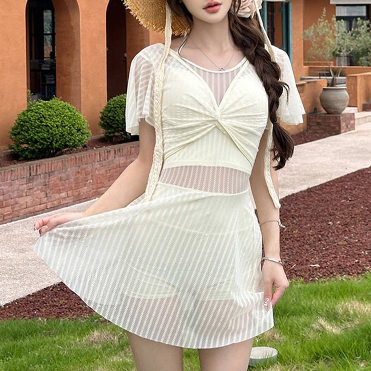 アイボリー | 水着体型カバー ワンピース ストライプ | teddyshop