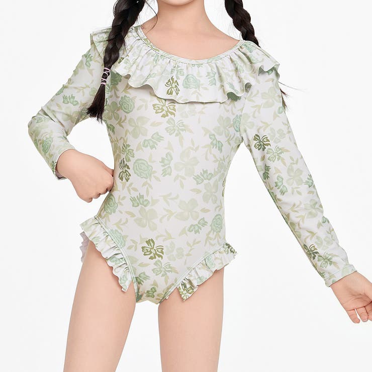 ライトグレー×ボタニカル | キッズ オールインワン 水着 | Kids Teddy