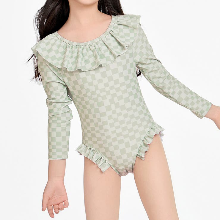 グリーン×チェック | キッズ オールインワン 水着 | Kids Teddy