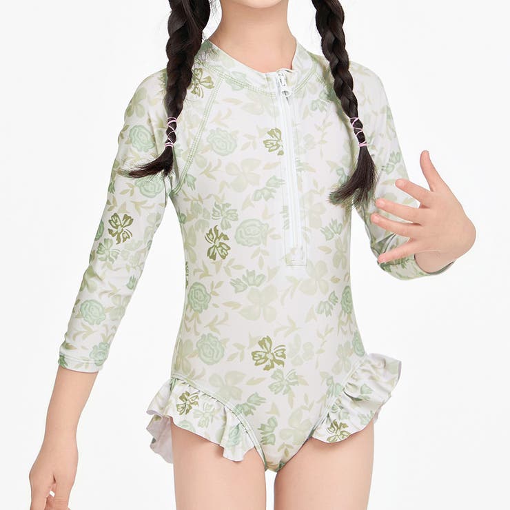 ライトグレー×ボタニカル | キッズ オールインワン 水着 | Kids Teddy