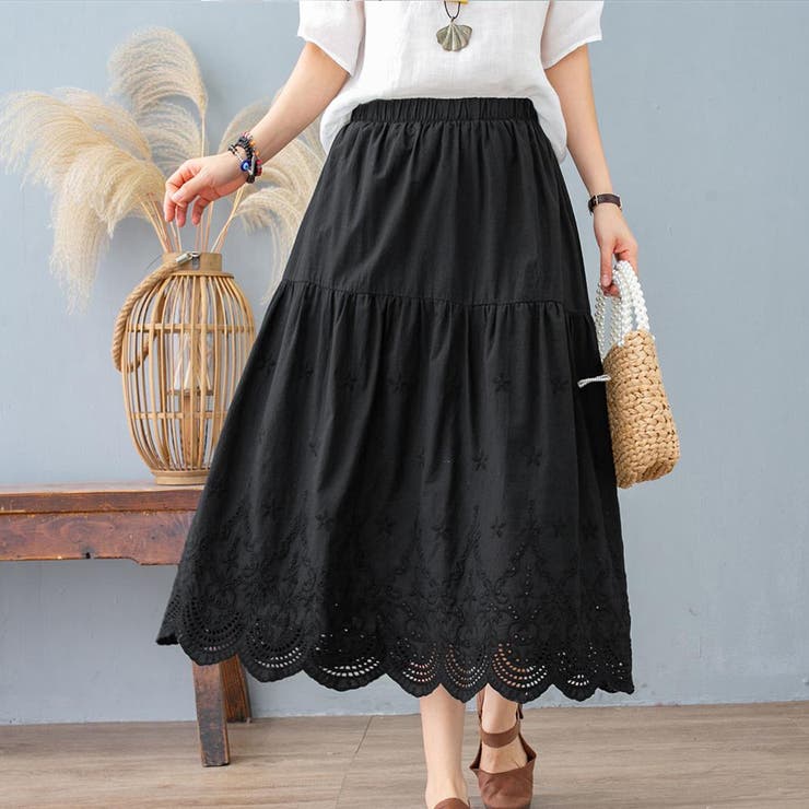 ブラック | フレアスカート ミモレ丈 花柄 | teddyshop