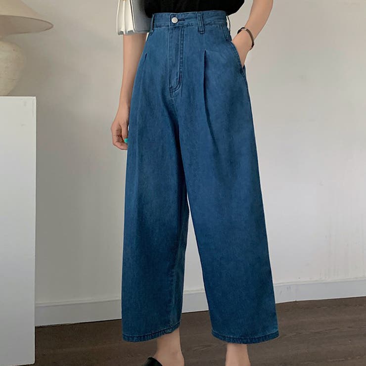 ブルー | デニム ワイドパンツ クロップド丈 | teddyshop