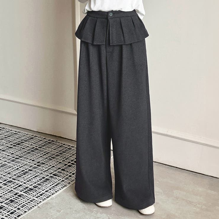 ダークグレー | 「ぱっと華やかウエストフリル」ワイドパンツ レディース ボトムス | teddyshop