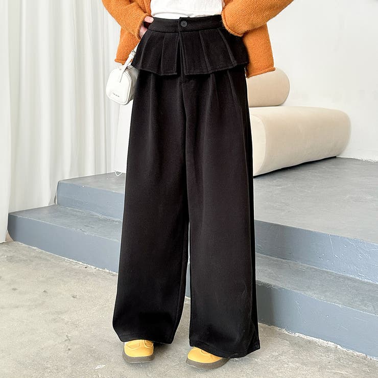 ブラック | 「ぱっと華やかウエストフリル」ワイドパンツ レディース ボトムス | teddyshop