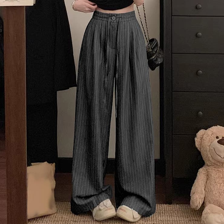 グレー | 「美脚見せするストライプ」ワイドパンツ レディース 全4色 | teddyshop