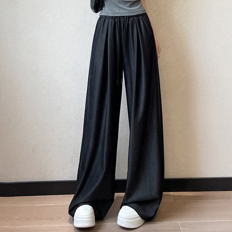 ブラック | 「大人な光沢仕様」ワイド パンツ デニム風 | teddyshop