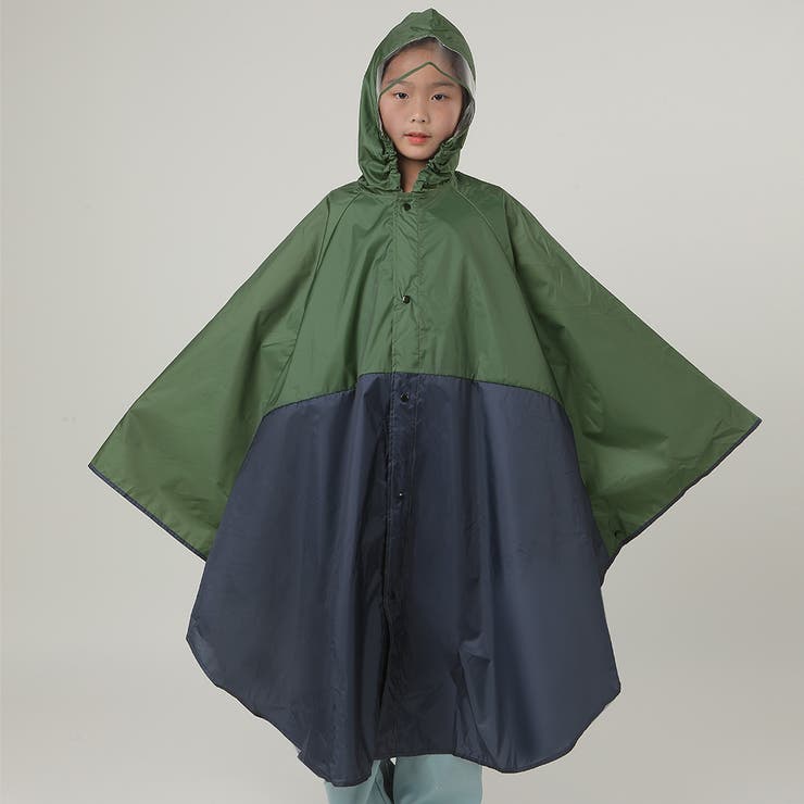 モスグリーン×ネイビー | キッズ レインポンチョ レインコート | Kids Teddy