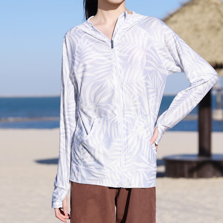 アイスグレー×パームリーフ | 【紫外線カット率97 6％】ラッシュガード 長袖 | teddyshop