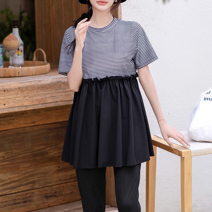 ボーダー×ブラック | ラッシュガード レディース 水着体型カバー | teddyshop