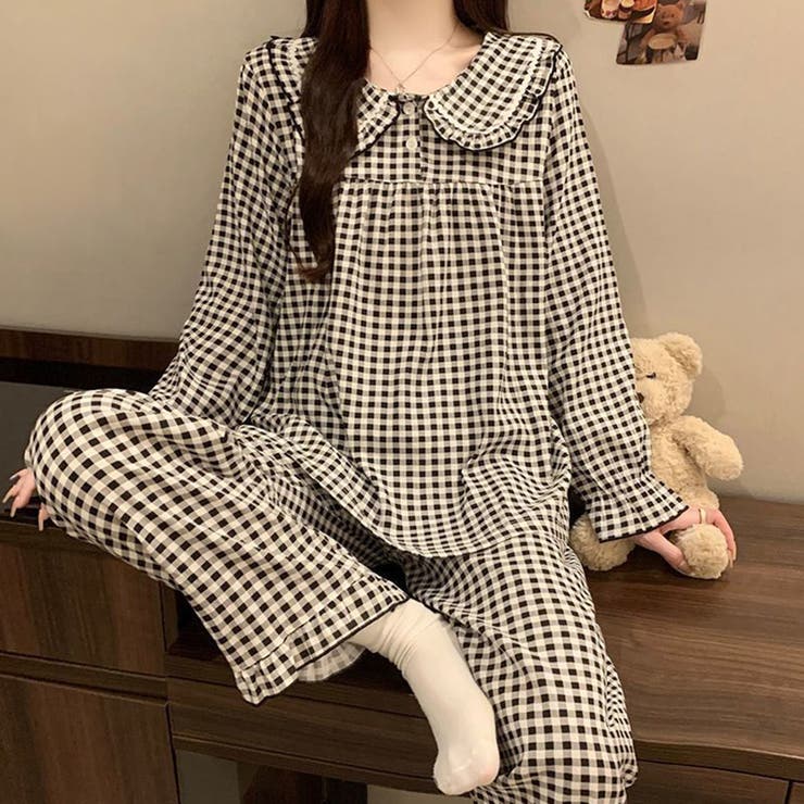 B：ブラック×チェック | ルームウェア レディース 全6色 | teddyshop