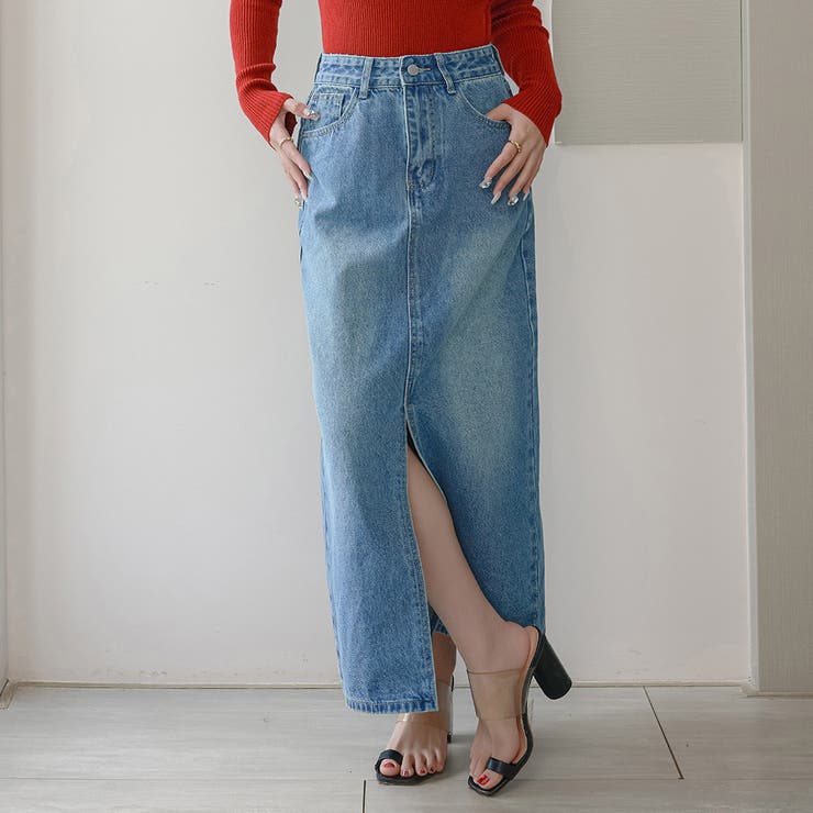 ブルー | 「安定の定番スタイル」デニム ナロースカート ロング | teddyshop