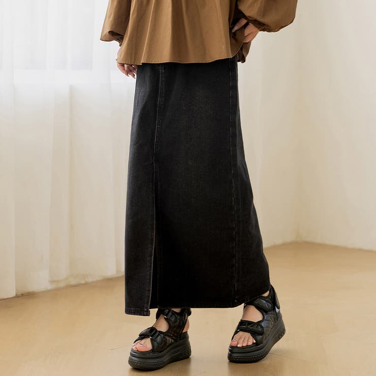 ブラック | 「安定の定番スタイル」デニム ナロースカート ロング | teddyshop