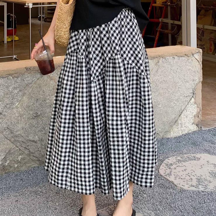 ブラック | 「王道のギンガムチェック」ロング フレア スカート | teddyshop