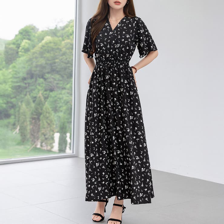 ブラック×小花柄 | リゾートワンピース サマードレス マキシ丈 | teddyshop