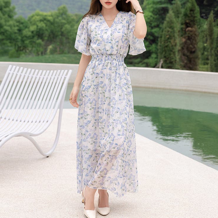 ホワイト×ブルーローズ | リゾートワンピース サマードレス マキシ丈 | teddyshop