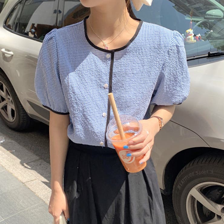 ブルー | パイピング ブラウス 夏服 | teddyshop