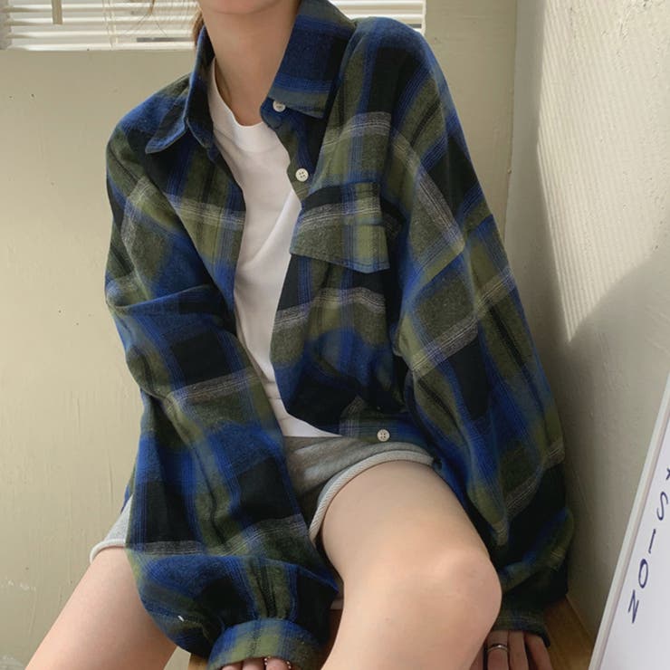 グリーン | オーバーサイズシャツ チェック 長袖 | teddyshop