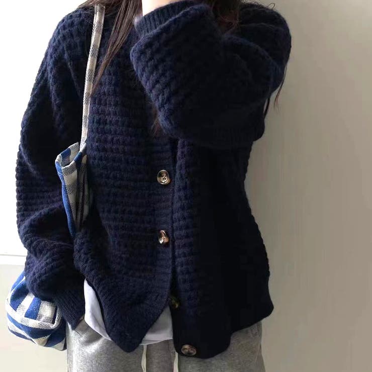 韓国 トップス カーディガン ニット ネイビー 紺 秋 call me