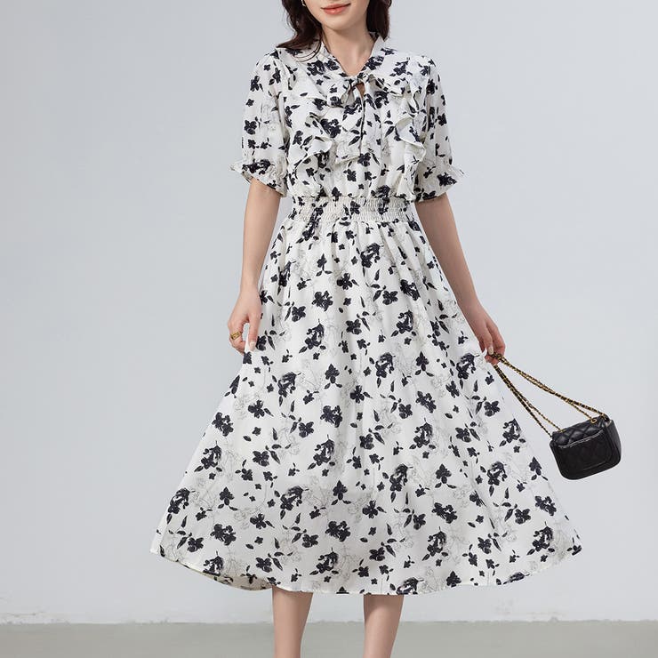 メゾピアノ　ワンピース　L 160size リボンボウタイワンピース　可愛い 花リボン柄 衿つきワンピース(100cm ライラック): キッズ