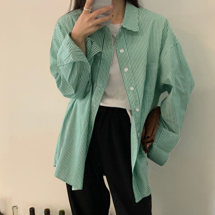 グリーン | シャツ ストライプ ビッグシルエット | teddyshop