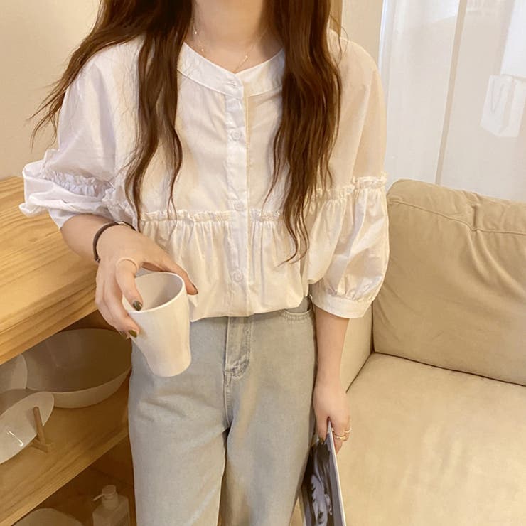 ホワイト | ブラウス フリル ノーカラー | teddyshop