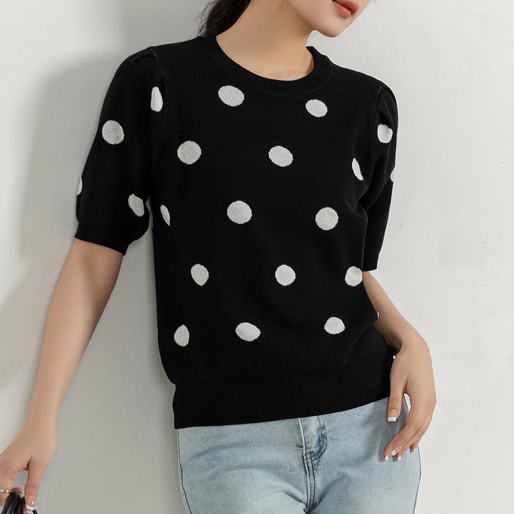 ブラック×ドット | 春ニット 半袖 韓国 | teddyshop