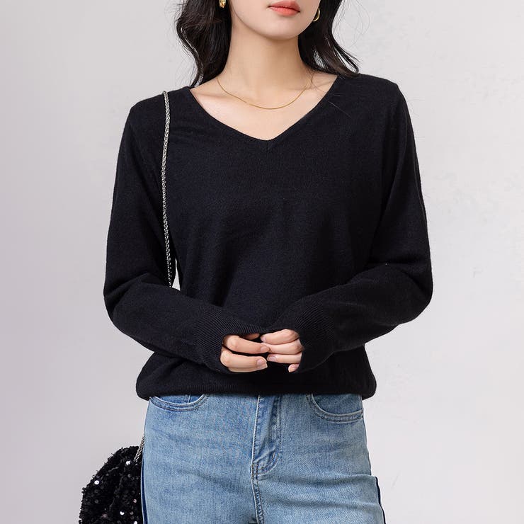 ブラック | ニット Vネック トップス | teddyshop