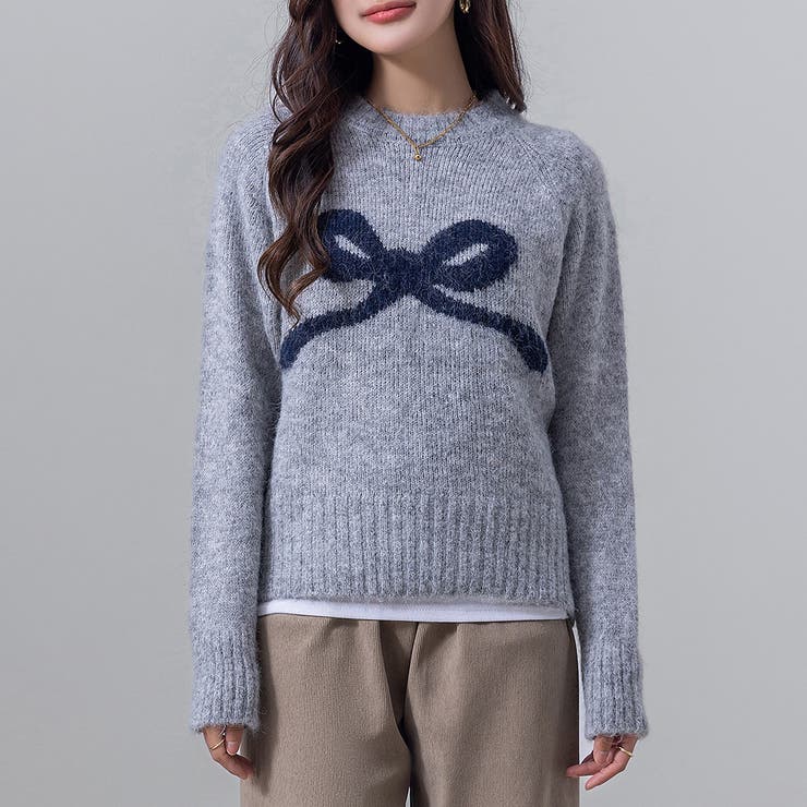 グレー | ジャガード ニット リボンモチーフ | teddyshop