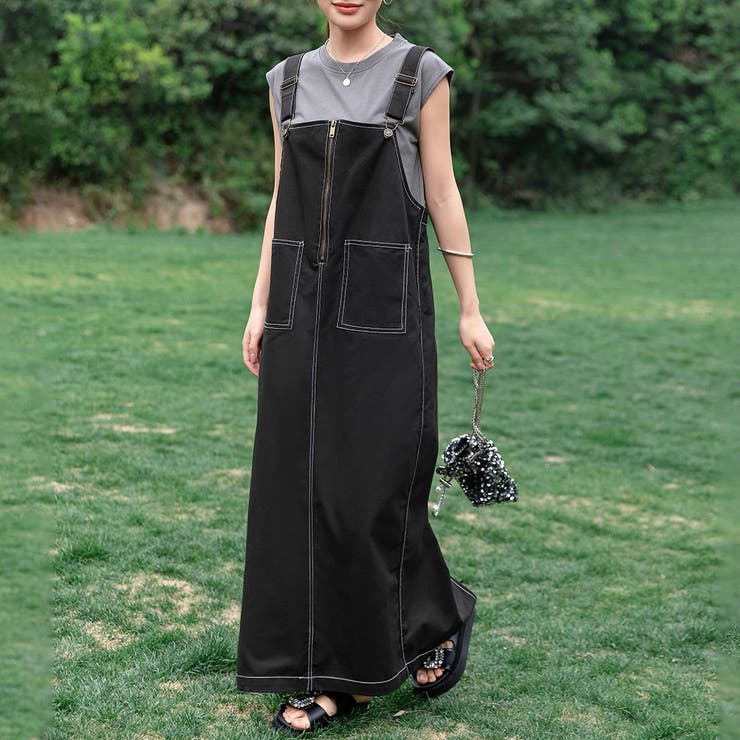 ブラック | ジャンパースカート レディース マキシ丈 | teddyshop