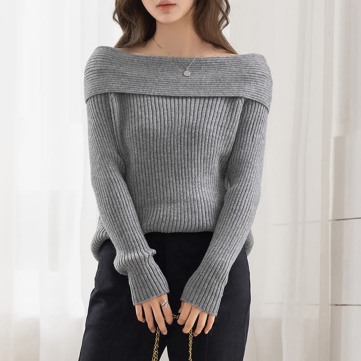 グレー | リブニット オフショルダー 全3色 | teddyshop