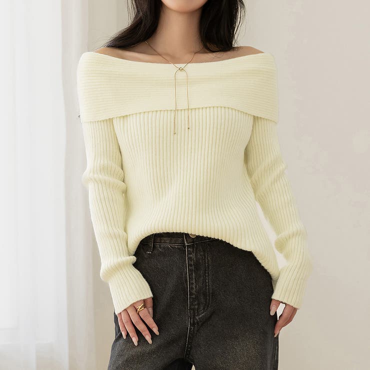 アイボリー | リブニット オフショルダー 全3色 | teddyshop