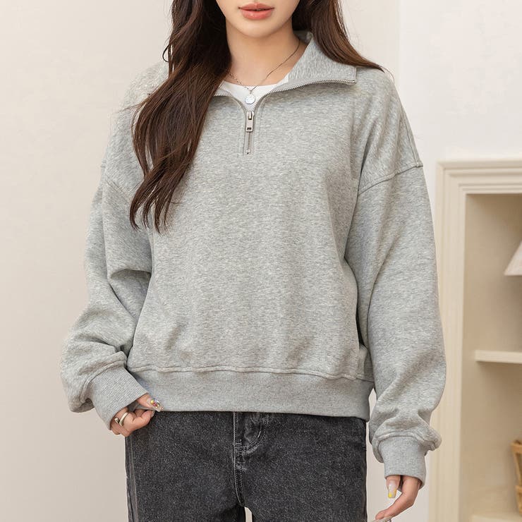 グレー | 「裾リブで冷気防止」裏起毛 スウェット ハーフジップ | teddyshop