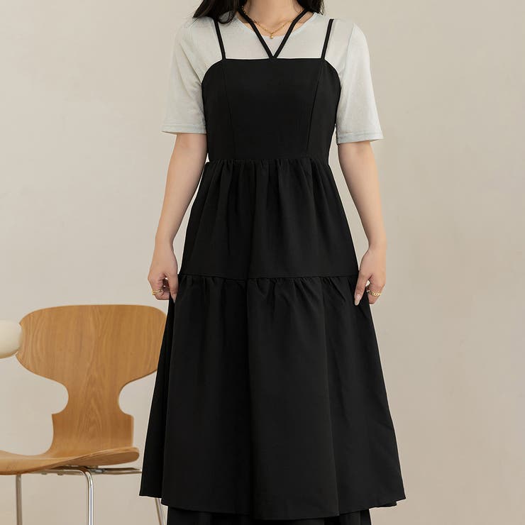 ブラック | 「デコルテを彩る肩紐」ワンピース ティアード レディース | teddyshop