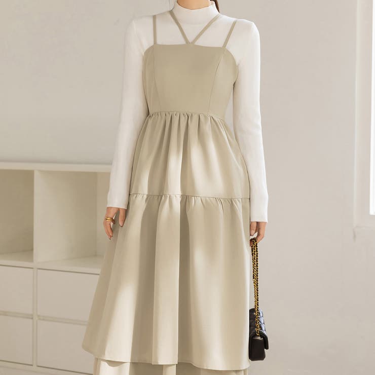 ライトベージュ | 「デコルテを彩る肩紐」ワンピース ティアード レディース | teddyshop