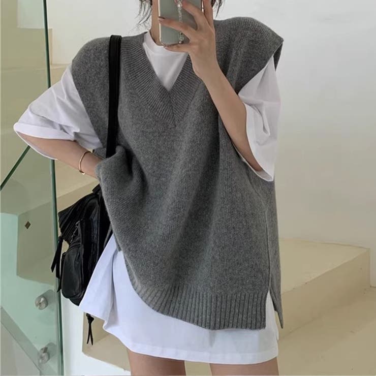 グレー | 「フレンチスリーブな袖口が◎」ニットベスト レディース ジレ | teddyshop