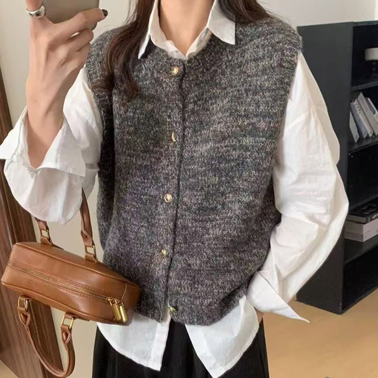 A：クルーネック | 「ボタンデザインにも違いが」ニット ベスト ラメ入りMIX | teddyshop