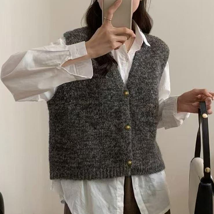 B：Vネック | 「ボタンデザインにも違いが」ニット ベスト ラメ入りMIX | teddyshop