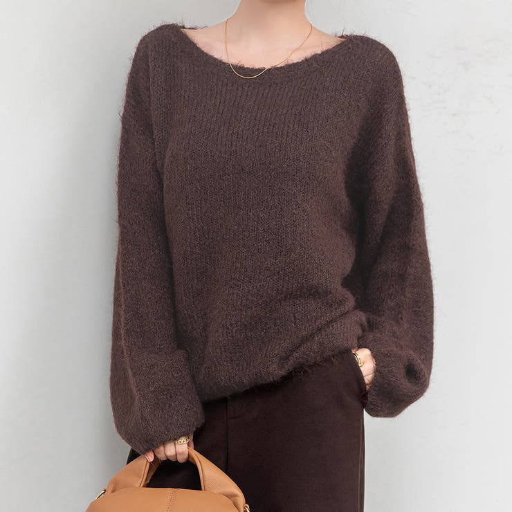 ブラウン | 「アクセ付けて首回りを綺麗に」ニット モヘアタッチ トップス | teddyshop