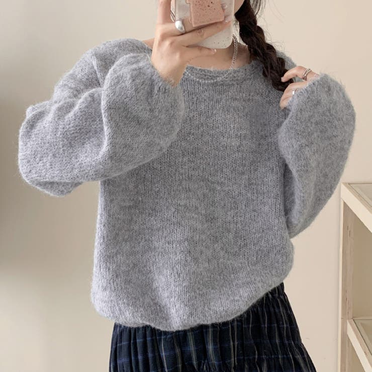 ライトグレー | 「アクセ付けて首回りを綺麗に」ニット モヘアタッチ トップス | teddyshop