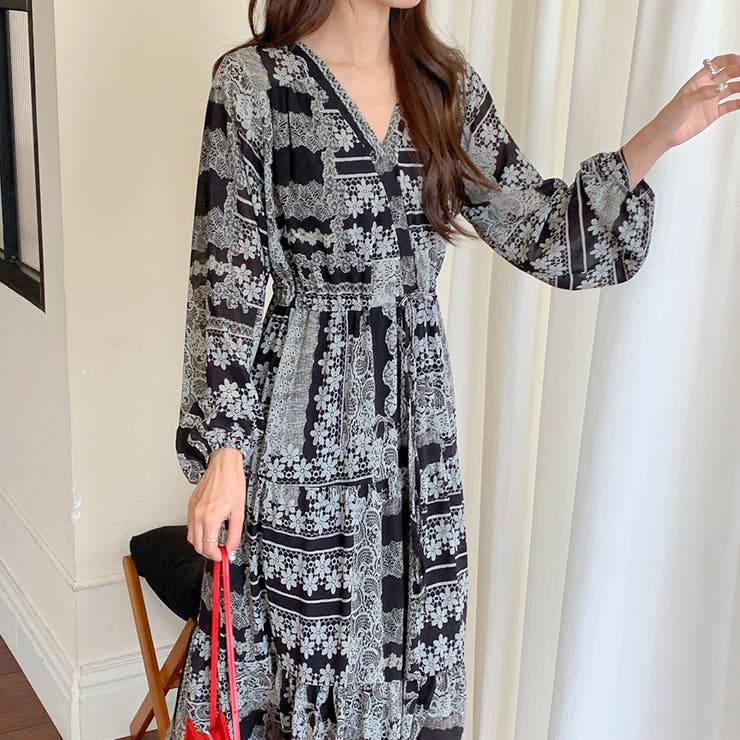 ブラック | 「カシュクールで首回りを快適に」ワンピース ロング丈 ティアード | teddyshop