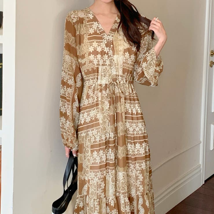 ブラウン | 「カシュクールで首回りを快適に」ワンピース ロング丈 ティアード | teddyshop