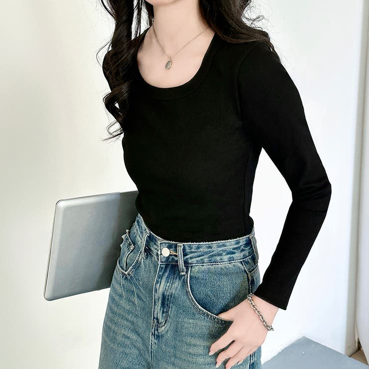 ブラック | 「親しみやすい着方へ」リブ トップス カットソー | teddyshop